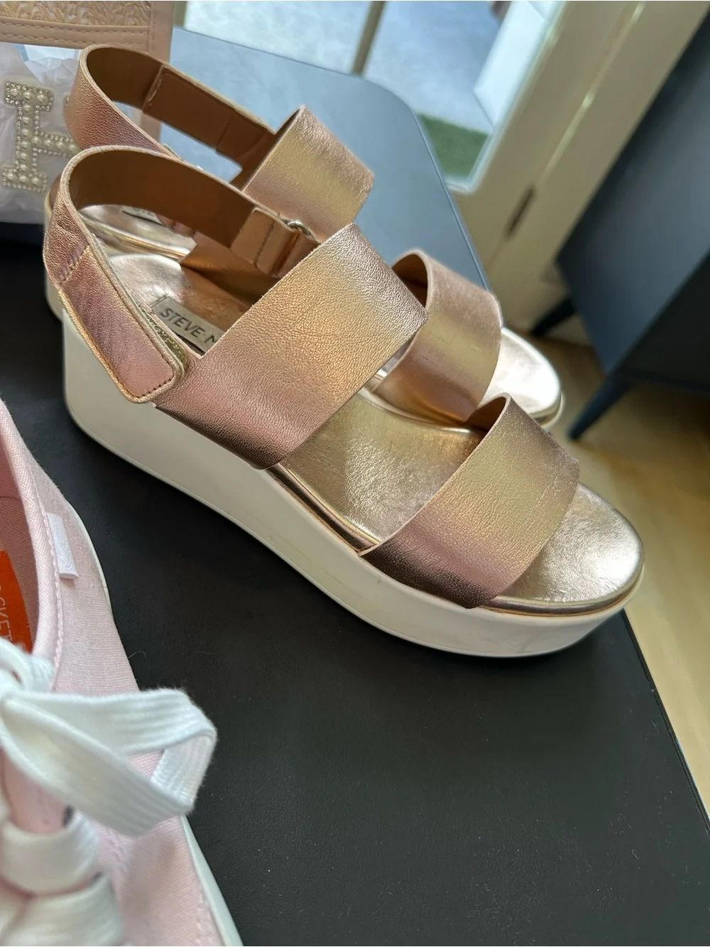 Steve Madden Rose Gold Double-Strap Wedge Sandals